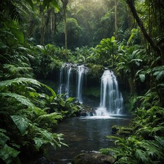 A vibrant scene of lush green plants thriving in a serene natural environment. The plants include ferns, succulents, and flowering species, each glowing with dew under a soft golden morning light.