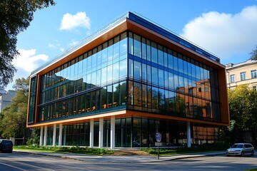 Fototapeta premium A modern glass skyscraper towers over the bustling urban landscape, its mirrored facade reflecting the city's skyline