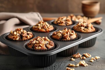 Freshly baked muffins topped with chopped nuts on a kitchen countertop