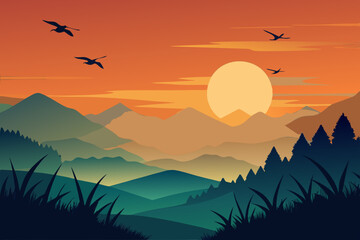 Fototapeta premium Birds flying over a rice paddy at dawn isolated vector illustration