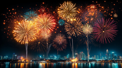 Fototapeta premium Night Sky Symphony: Fireworks over Cityscape 
