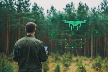 A man using a drone to monitor a reforestation site, with a visual overlay showing the number of trees planted and a graph of CO2 absorption over time.