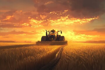 Naklejka premium A massive self-driving tractor working in a golden wheat field at sunset. Tracks on the field are perfectly aligned.