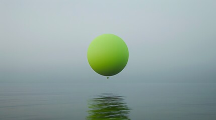 A bright green ellipsoid suspended in mid-air above a calm gray surface