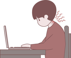 Computer neck, neck pain, cervical disc, posture correction, bent person illustration