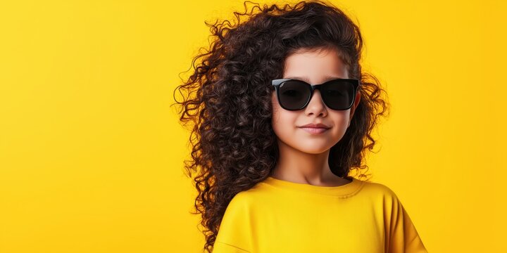 A fashionable young girl sporting trendy sunglasses and curly hair, confidently posing against a vibrant yellow background, showcasing youthful exuberance and style.