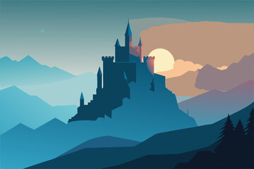 Fototapeta premium Castle on a hill surrounded by fog isolated vector illustration