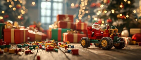 Santa&rsquo;s workshop with toy parts scattered on a wooden table. The background shows a pile of wrapped presents waiting, Generative AI