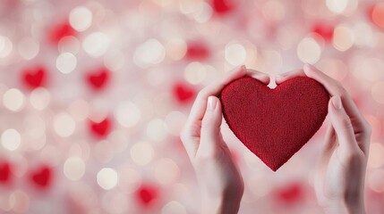 Obraz premium Close up of a couple forming a heart shape with their hands set against a warm soft focused background of red hearts and twinkling glowing bokeh lights The gesture symbolizes love romance