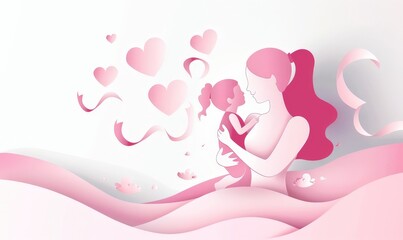 Mother and Daughter Illustration with Pink Hearts