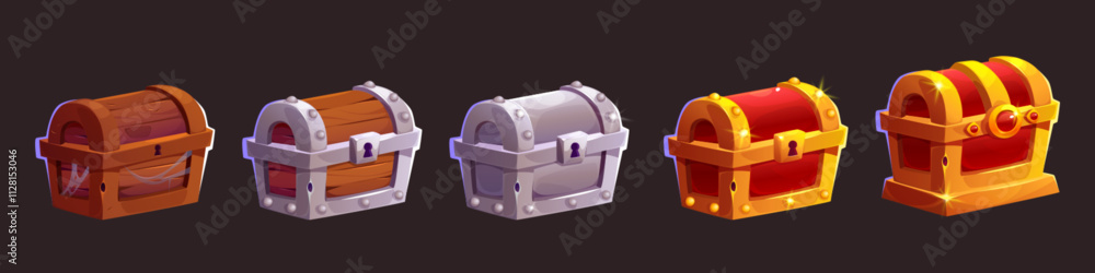 Poster closed ancient wooden treasure chest for game level rank ui design. progress steps of medieval case 
