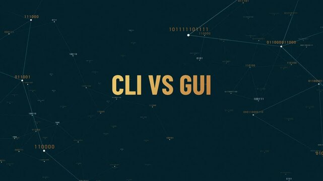 Innovative 2D animation illustrating the comparison between Command Line Interface (CLI) and Graphical User Interface (GUI), set against a dynamic plexus background.