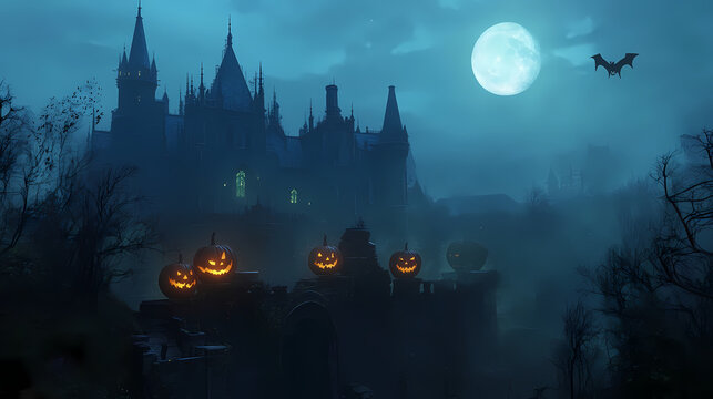 A haunting halloween scene with carved pumpkins, a misty backdrop, and a gothic castle under a spooky moonlit sky. Phantom. Illustration