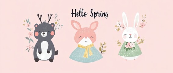 Cute cartoon bear, rabbit, and deer with the text "Hello Spring" vector illustration on a pink background