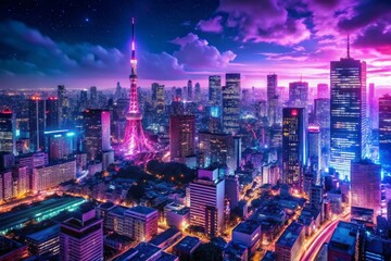 Fototapeta premium tokyo city skyline illuminated at night showcasing an animeinspired drawing with vibrant magenta and purple neon lights embodying the bustling energy of the metropolis
