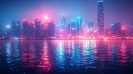 Futuristic city skyline reflected in calm water at night, illuminated with vibrant pink and blue neon lights.