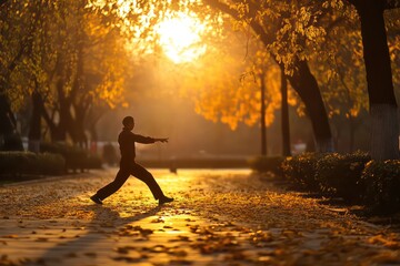 A person practicing tai chi in a park at sunset, with flowing movements that emphasize balance and tranquility in the body and mind.