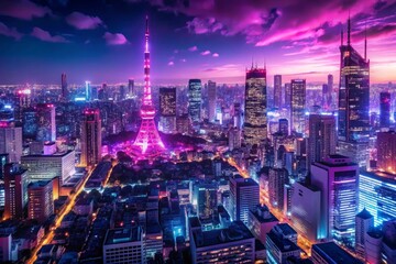 Obraz premium tokyo city skyline illuminated at night showcasing an animeinspired drawing with vibrant magenta and purple neon lights embodying the bustling energy of the metropolis
