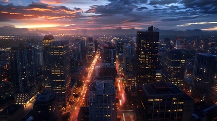 Fototapeta premium Cityscape at Sunset: A Breathtaking Aerial View of Urban Lights and Skyscrapers
