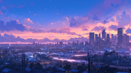 Obraz premium Serene cityscape sunset with purple clouds and city lights.