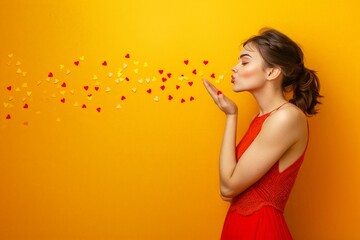 Woman blowing heart confetti on yellow background
