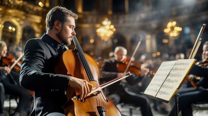 Fototapeta premium A skilled musician performs with dedication in a grand orchestral setting, showcasing the beauty of classical music.