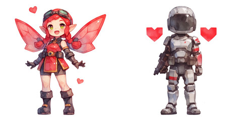 Gnome and Cupid Wings concept on transportation background. Whimsical fantasy characters: a fairy and an astronaut, both surrounded by hearts.