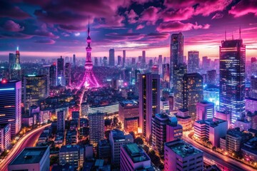 Fototapeta premium tokyo city skyline illuminated at night showcasing an animeinspired drawing with vibrant magenta and purple neon lights embodying the bustling energy of the metropolis