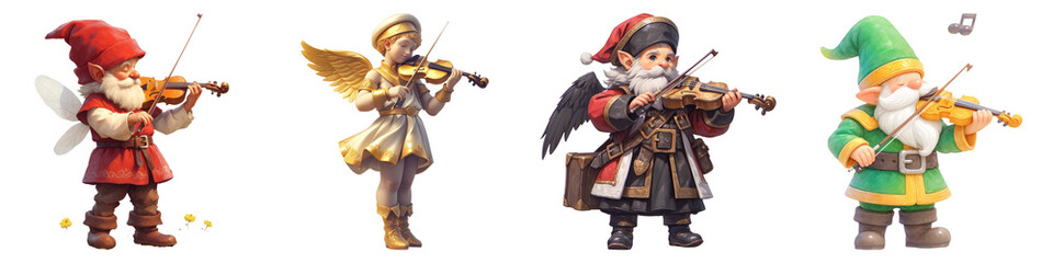 Obraz premium Gnome and Cupid Wings concept on transportation background. Colorful figurines playing violins, including gnomes and an angel, set against a white background.