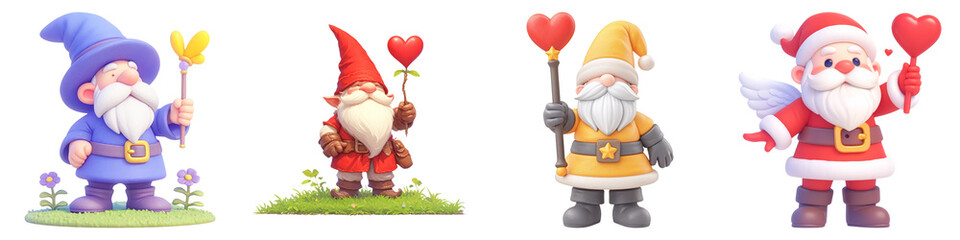 Naklejka premium Gnome and Cupid Wings concept on transportation background. Four colorful gnomes and a Santa, each holding hearts, set against a white background.