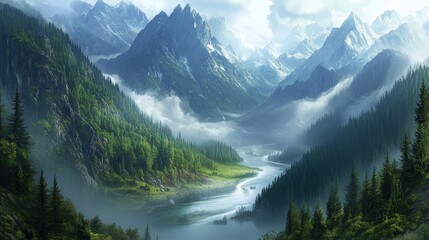 Fototapeta premium Mountains in the distance, river winding through the valley, mist rising from the forest 