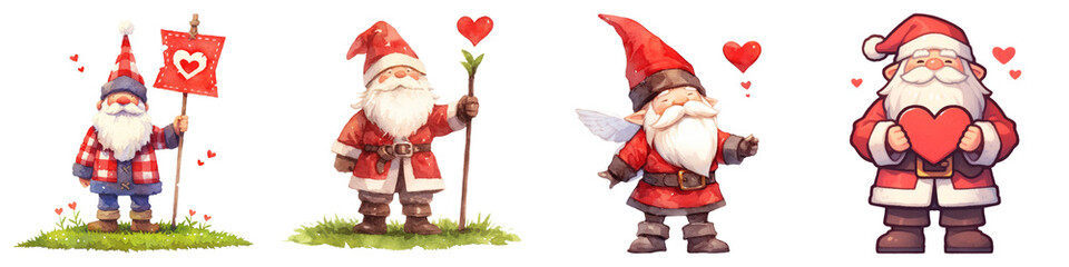 Gnome and Cupid Wings concept on transportation background. Four whimsical gnomes expressing love with hearts and festive elements.