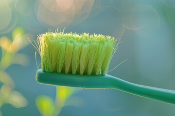 A close-up of a green toothbrush bristles with light reflections in a serene outdoor setting during the day