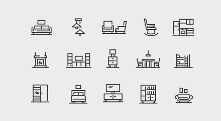 Furniture icons set. Collection of 15 minimalist trendy furniture icons, including a desk, chair, bookcase, bed, and more, suitable for web page graphics, mobile app interfaces. Vector illustration.
