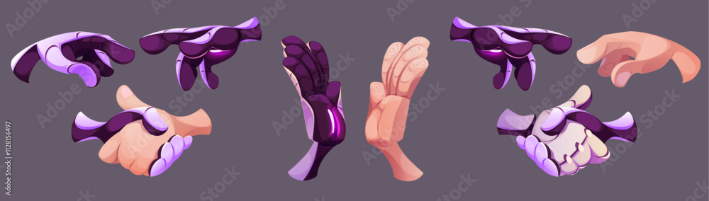 Poster robot hand gestures set showing various mechanical movements and positions. metal purple android rob