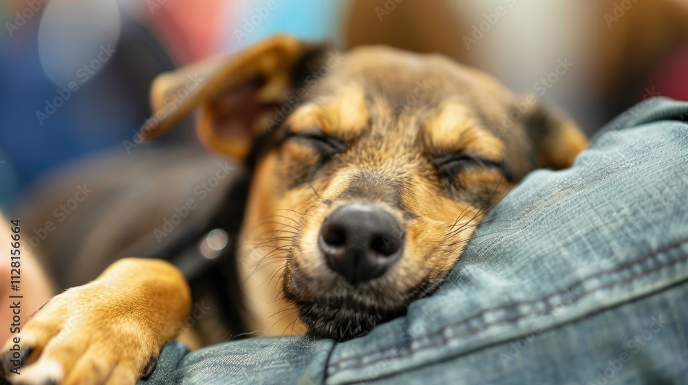 Poster an outoffocus shot of a happy pup napping on their owners lap in between show events.