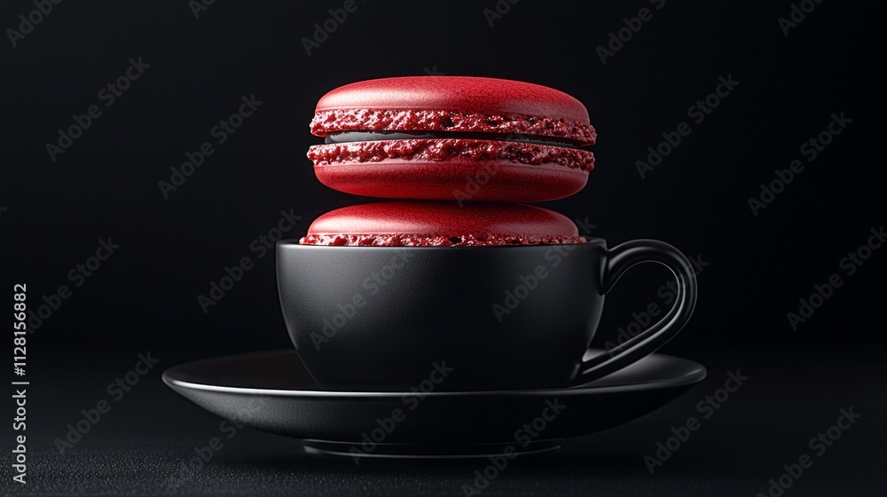 Poster dark red macarons rest beautifully on a glossy black cup, showcasing their rich texture and vibrant 