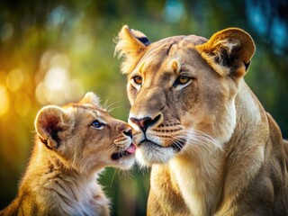 Obraz premium Soft focus highlights a lioness's gentle affection for her vulnerable cub.
