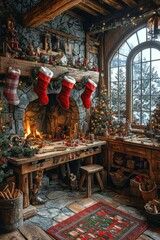 Santa’s workshop with a workbench full of half-finished toys. The background shows a large fireplace and stockings hanging, Generative AI