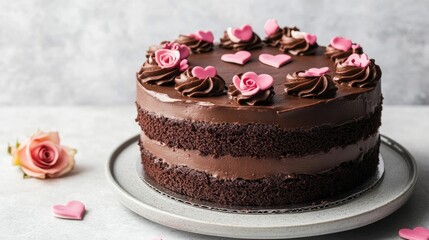 Exquisite chocolate cake topped with delicate edible hearts and roses creating a visually stunning and indulgent Valentine s Day centerpiece or dessert