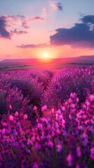 Obraz premium Breathtaking Sunset Over a Lavender Field in Full Bloom