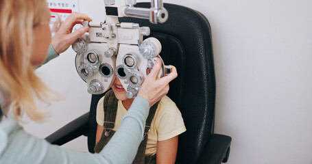 Machine, doctor or child in eye test at optometry clinic for eyewear, retina health or sight...