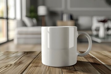 A blank white mug on a wooden table in a cozy living room during the day
