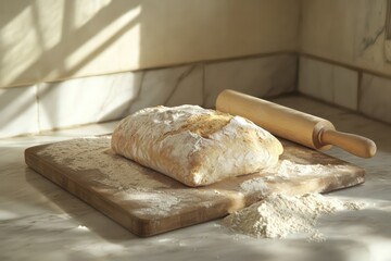 A rustic European kitchen with a loaf of freshly baked artisan bread made from wheat flour, placed on a wooden board with a scattering of flour and a rolling pin nearby.