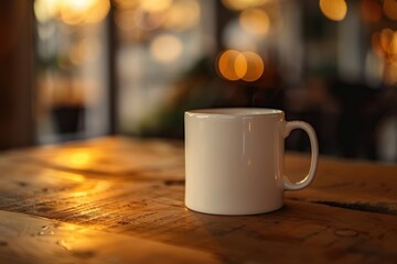 Obraz premium A white coffee cup sits on a wooden table in a cozy café with soft, warm lights in the background