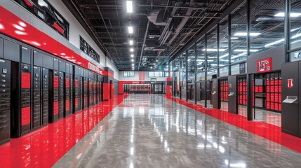 Modern Red and Black Interior Corridor with Lockers