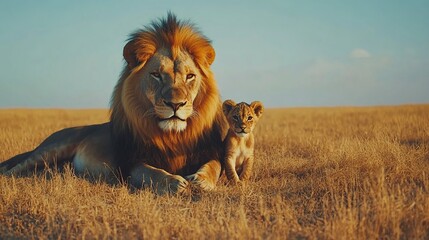 Fototapeta premium Father and baby lion horizontal portrait with the male lion lying on yellow dry grass and the lion cub standing closely next to him. 