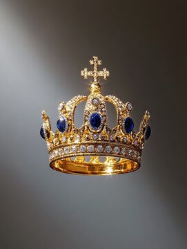Majestic golden crown with blue gems studio lighting jewel craft elegant display close-up view royalty concept