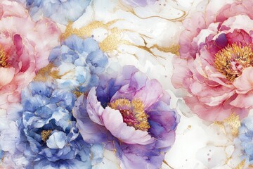 Vibrant watercolor flowers in pink, blue, and purple tones with golden accents on a white background, elegant floral decoration concept
