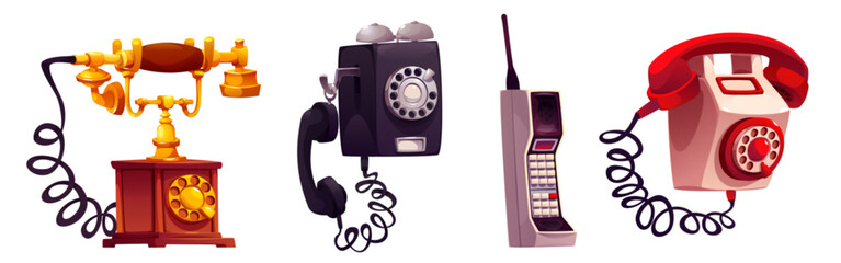 Vintage phone cartoon set. Retro telecommunication devices - antique wooden rotary model, wall mounted dial phone, cell device, classic red telephone. Historical telephony communication technology.